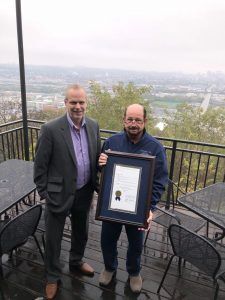 Sheet Metal Worker Local 24 Business Manager Rodney French presented Local 24 Cincinnati JATC Training Coordinator with a proclamation from Cincinnati Mayor John Cranley following Shinkle's retirement.
